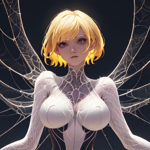  (best quality, masterpiece, colorful, dynamic angle, highest detailed) upper body photo, fashion photography of cute, intense short blonde hair, Gwendolyne Maxine StacySpider Gwen suit, (ultrahigh resolution textures), in dynamic pose, bokeh, glowing web, (intricate details, hyperdetailed:1.15), detailed, moonlight passing through hair, perfect night, fantasy background, (official art, extreme detailed, highest detailed), HDR+