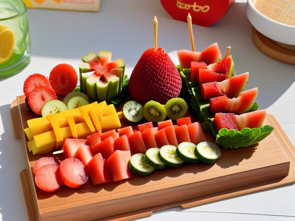  A highresolution, minimalist image of a beautifully arranged bento box filled with colorful and creatively shaped sandwiches, fruit skewers, veggie sticks, and mini muffins, all neatly organized on a wooden tray with small decorative elements like flowershaped carrot slices and heartshaped watermelon pieces. The image exudes a sense of creativity and nutrition, perfect for inspiring school snack ideas and showcasing the art of healthy and appealing food preparation. hyperrealistic, full body, detailed clothing, highly detailed, cinematic lighting, stunningly beautiful, intricate, sharp focus, f/1. 8, 85mm, (centered image composition), (professionally color graded), ((bright soft diffused light)), volumetric fog, trending on instagram, trending on tumblr, HDR 4K, 8K