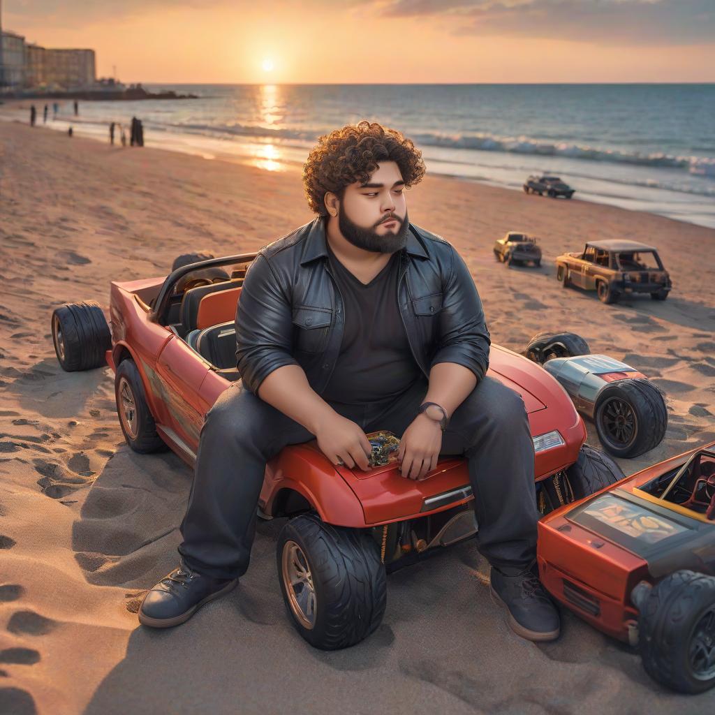  young rissian man, curly hair, closed eyes, chubby body, wavy beard, sitting on the beach, toy cars around her, sunset, anime style hyperrealistic, full body, detailed clothing, highly detailed, cinematic lighting, stunningly beautiful, intricate, sharp focus, f/1. 8, 85mm, (centered image composition), (professionally color graded), ((bright soft diffused light)), volumetric fog, trending on instagram, trending on tumblr, HDR 4K, 8K