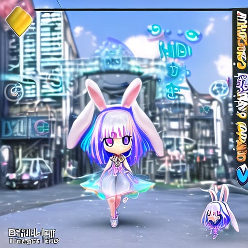  full body. rabbit on the head. cute little girl made liquid. multicolor. transparent. biush. full body. chibi. a raine street is in background. IP design. 3D whole body. c4d. oc rendering. 32K. super