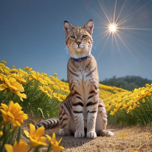  (best quality:0.8), (best quality:0.8), close up of a male bobcat with a microphone in a field of yellow flowers hyperrealistic, full body, detailed clothing, highly detailed, cinematic lighting, stunningly beautiful, intricate, sharp focus, f/1. 8, 85mm, (centered image composition), (professionally color graded), ((bright soft diffused light)), volumetric fog, trending on instagram, trending on tumblr, HDR 4K, 8K