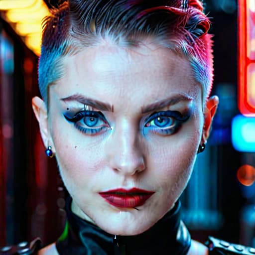  ultra realistic close up portrait ((beautiful pale cyberpunk female with heavy black eyeliner)), blue eyes, shaved side haircut, hyper detail, cinematic lighting, magic neon, dark red city, Canon EOS R3, nikon, f/1.4, ISO 200, 1/160s, 8K, RAW, unedited, symmetrical balance, in-frame, 8K hyperrealistic, full body, detailed clothing, highly detailed, cinematic lighting, stunningly beautiful, intricate, sharp focus, f/1. 8, 85mm, (centered image composition), (professionally color graded), ((bright soft diffused light)), volumetric fog, trending on instagram, trending on tumblr, HDR 4K, 8K