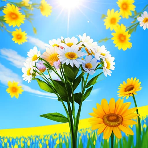  spring with sunshine，flowers，blue sky，