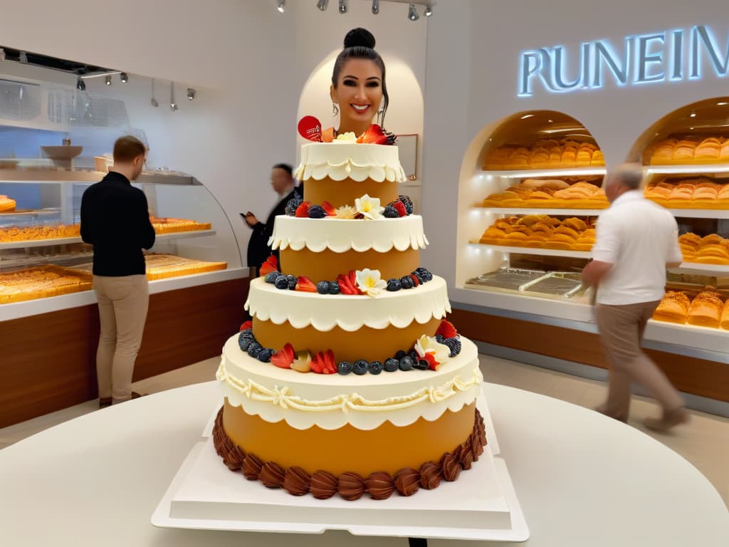  A photorealistic image of a young, trendy influencer with a large social media following, elegantly presenting a beautifully decorated tiered cake in a modern, aesthetically pleasing bakery setting. The influencer is engaging with the audience, showcasing the intricate details of the cake with a genuine smile, conveying both professionalism and inspiration for promoting a pastry business through social media influence. The image captures the essence of collaboration between influencers and pastry businesses in a visually captivating manner. hyperrealistic, full body, detailed clothing, highly detailed, cinematic lighting, stunningly beautiful, intricate, sharp focus, f/1. 8, 85mm, (centered image composition), (professionally color graded), ((bright soft diffused light)), volumetric fog, trending on instagram, trending on tumblr, HDR 4K, 8K