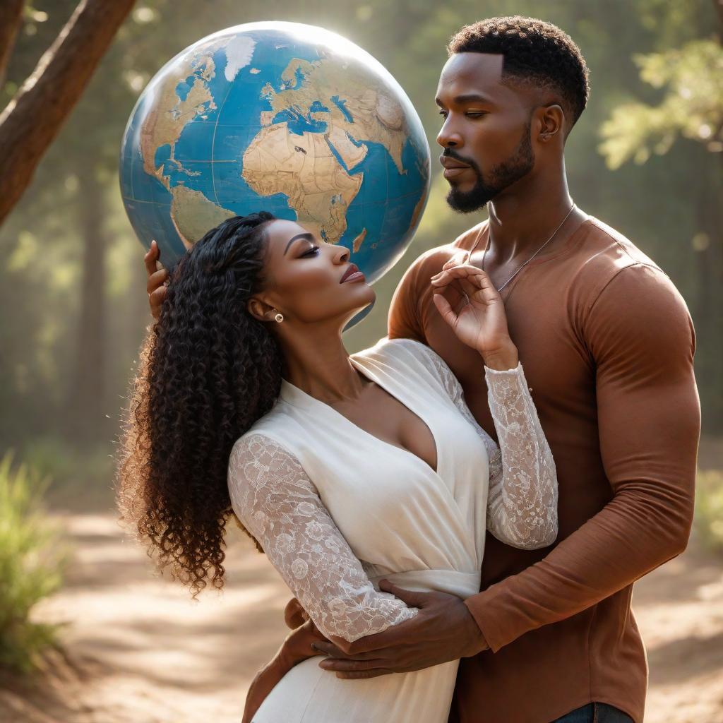  An African-American male gently carrying an African-American woman. The woman has a globe symbolizing the world on her back. The background is a soft, supportive setting that emphasizes care and strength. The scene portrays unity, resilience, and support. hyperrealistic, full body, detailed clothing, highly detailed, cinematic lighting, stunningly beautiful, intricate, sharp focus, f/1. 8, 85mm, (centered image composition), (professionally color graded), ((bright soft diffused light)), volumetric fog, trending on instagram, trending on tumblr, HDR 4K, 8K