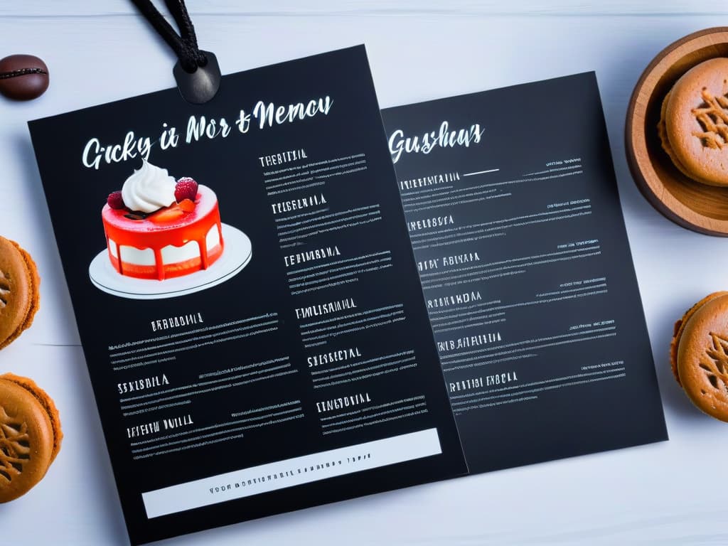  A minimalist design of a sleek, black and white dessert menu featuring elegant typography and simple line art drawings of various desserts like cakes, macarons, and cupcakes. Each dessert item is labeled with a stylish handlettered tag, creating a sophisticated and professional look for a dessert menu design. hyperrealistic, full body, detailed clothing, highly detailed, cinematic lighting, stunningly beautiful, intricate, sharp focus, f/1. 8, 85mm, (centered image composition), (professionally color graded), ((bright soft diffused light)), volumetric fog, trending on instagram, trending on tumblr, HDR 4K, 8K