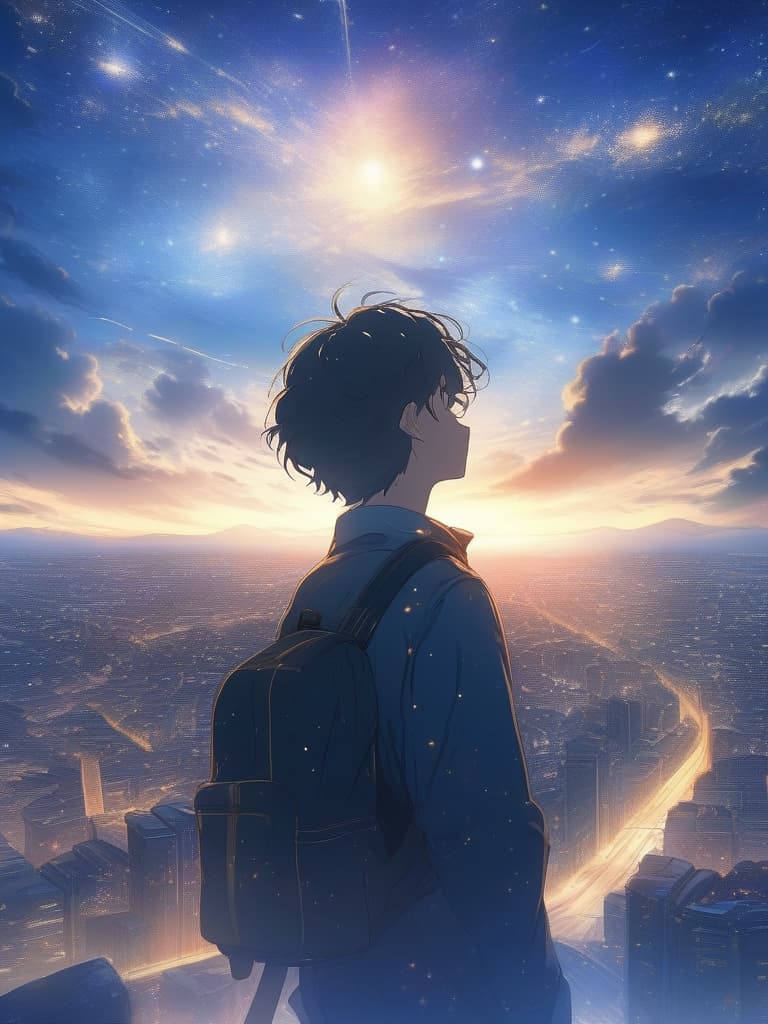  The background is the city of the city, the sky is a starry sky, the sunset is a little visible, a man looks up at the back, the back, the back, the back of the night sky., masterpiece, best quality,8k,ultra detailed,high resolution,an extremely delicate and beautiful,hyper detail