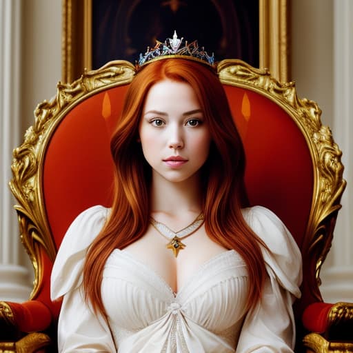  Portrait of a beautiful auburn - haired woman with a guilded crown sitting on a throne with heightened detail