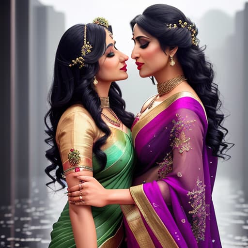  2 saree Girl's lip kissing each other in night and heavy rainfall middle and flower hair full body and flying hair and saree 8d look hyperrealistic, full body, detailed clothing, highly detailed, cinematic lighting, stunningly beautiful, intricate, sharp focus, f/1. 8, 85mm, (centered image composition), (professionally color graded), ((bright soft diffused light)), volumetric fog, trending on instagram, trending on tumblr, HDR 4K, 8K