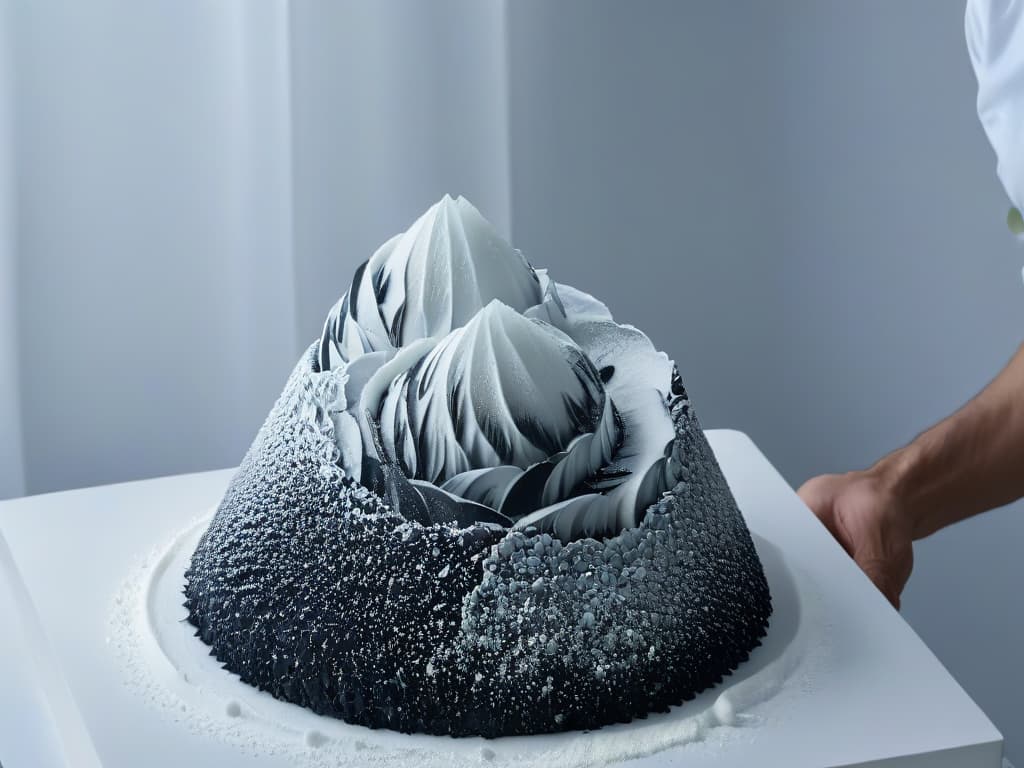  An ultradetailed, minimalist black and white closeup image of a sculptor's hand delicately shaping a sugar sculpture, capturing the intricate details and precision involved in creating sugar art. hyperrealistic, full body, detailed clothing, highly detailed, cinematic lighting, stunningly beautiful, intricate, sharp focus, f/1. 8, 85mm, (centered image composition), (professionally color graded), ((bright soft diffused light)), volumetric fog, trending on instagram, trending on tumblr, HDR 4K, 8K