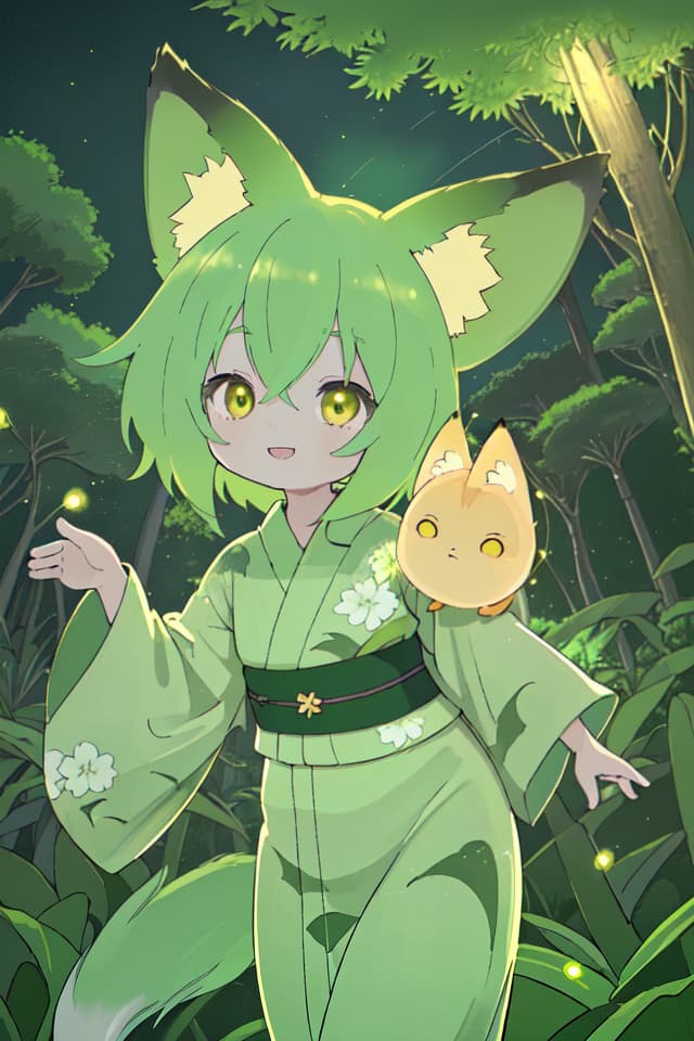  A yukata of the green hair character in the fox ear, the light of countless fireflies shines in the dark countryside, a very beautiful smile, a large amount of fireflies dancing, detailed shadows, delicate lines, detailed fine details. Line, ultra high image quality, 4K, 8K