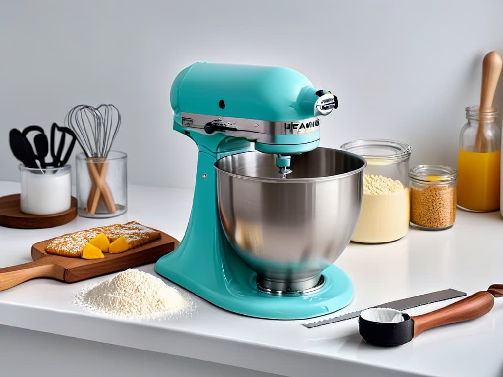  An ultradetailed, 8k resolution image of a pristine white marble countertop adorned with an array of meticulously arranged baking tools a sleek stainless steel stand mixer with a glossy silver finish, a set of pastelhued silicone spatulas neatly aligned, a stack of crisp white flour sacks, and a row of precisely organized copper measuring cups catching the light. The composition is visually striking in its minimalism, emphasizing the elegance and precision synonymous with the art of baking. hyperrealistic, full body, detailed clothing, highly detailed, cinematic lighting, stunningly beautiful, intricate, sharp focus, f/1. 8, 85mm, (centered image composition), (professionally color graded), ((bright soft diffused light)), volumetric fog, trending on instagram, trending on tumblr, HDR 4K, 8K