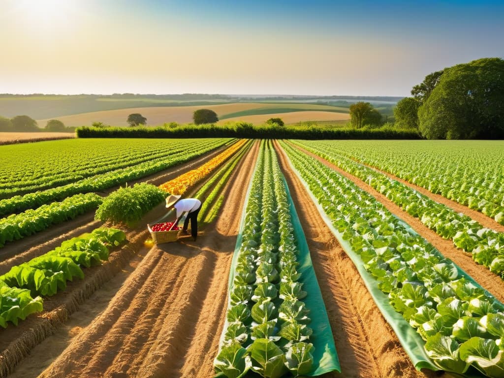  A photorealistic image of a vast, picturesque organic farm with rows of vibrant, lush crops stretching out towards the horizon. In the foreground, a baker in a crisp white apron carefully selects the ripest, most colorful fruits and vegetables for their next batch of organic pastries. The sun hangs low in the sky, casting a warm golden glow over the scene, highlighting the intricate details of each leaf and fruit in exquisite clarity. This image captures the essence of organic baking, showcasing the beautiful simplicity and natural abundance of ingredients grown with care and respect for the earth. hyperrealistic, full body, detailed clothing, highly detailed, cinematic lighting, stunningly beautiful, intricate, sharp focus, f/1. 8, 85mm, (centered image composition), (professionally color graded), ((bright soft diffused light)), volumetric fog, trending on instagram, trending on tumblr, HDR 4K, 8K