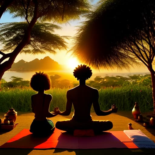  African American woman and man meditating in the sun and its rays with Ghana backdrop