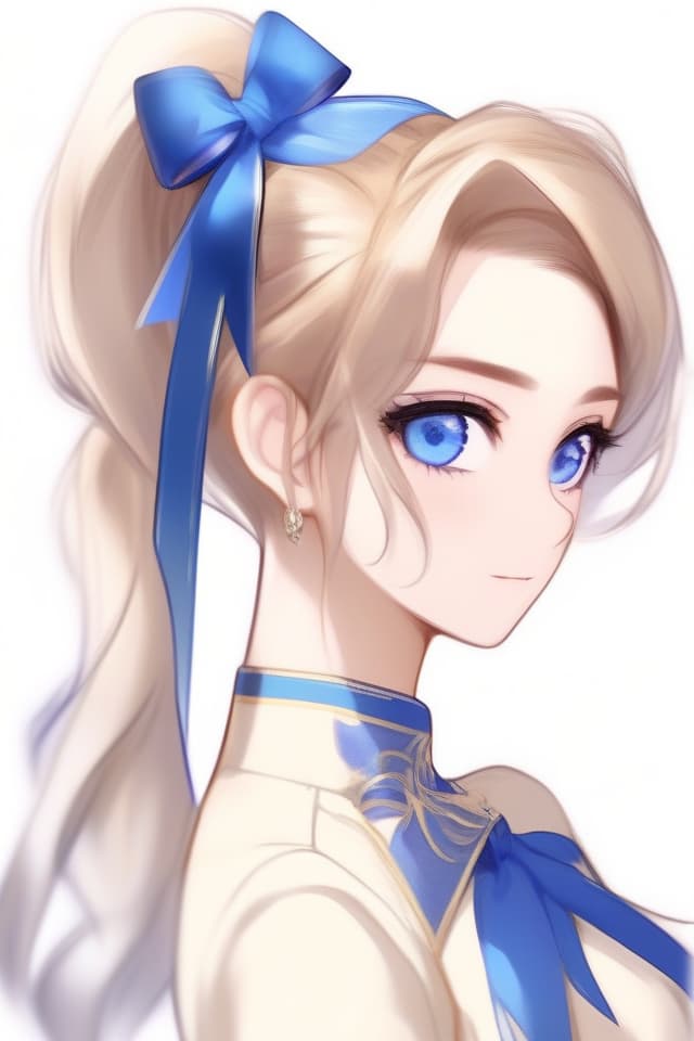  ((high ponytail))(ribbon)((pretty with hair and blue eyes))((female profile))(gentle ilration style)(close up of upper body)(beautiful )Masterpiece,high quality,8k