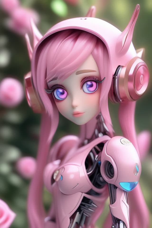  (ELF GIRL ROBOT) Masterpiece, Cute Elf Head, Pink Hair Color, Long Elf Ears, (Robot for Water) PINK ROBOT BODY, COLORFUL ROSE GARDEN Quality, 8k, 16k