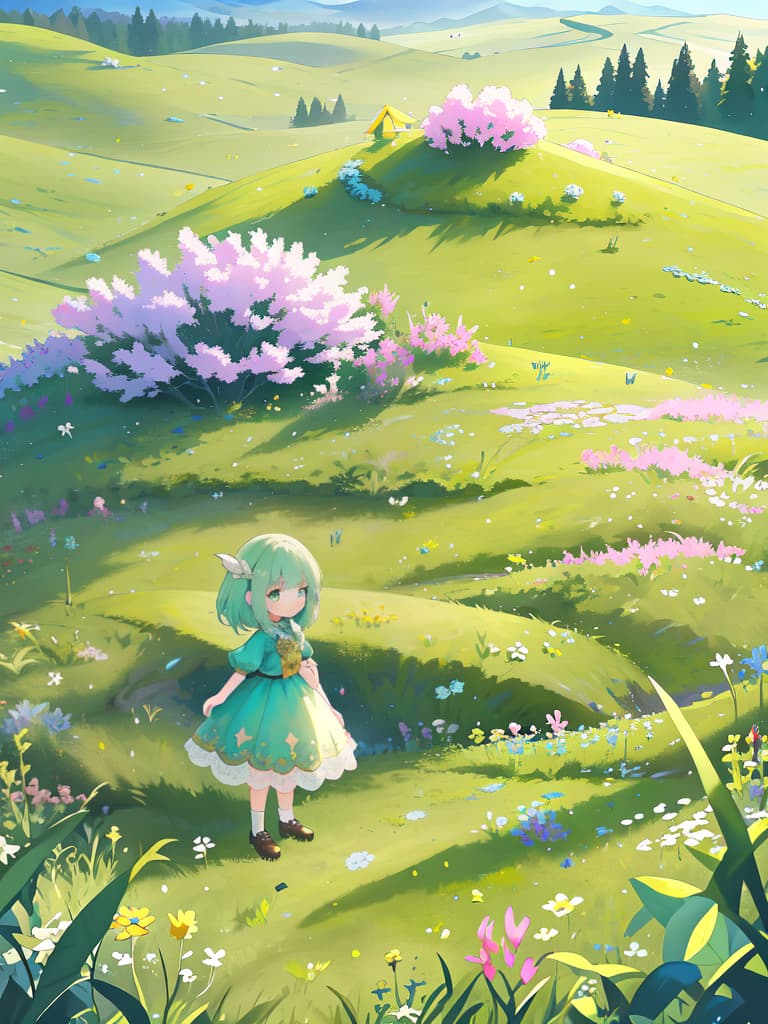  Meadow, fantasy, girl, small adventurer, masterpiece, best quality,8k,ultra detailed,high resolution,an extremely delicate and beautiful,hyper detail