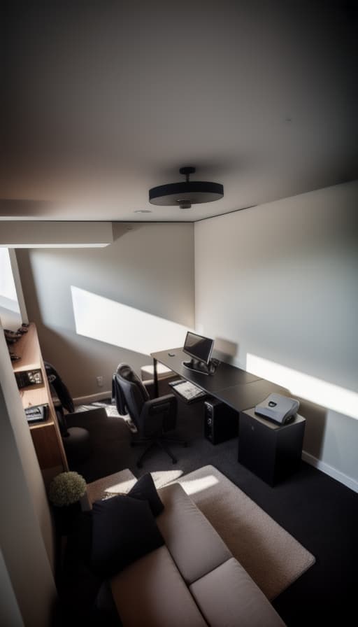  A high resolution photograph of a modern Game Room/Recreation Room, natural lighting, modern furniture, warm and welcoming ambiance, captured by a Canon EOS 5D Mark IV camera + Canon EF 16 35 mm f/2.8L II USM lens, heartwarming, black themed, energetic, modern, like pc video game room