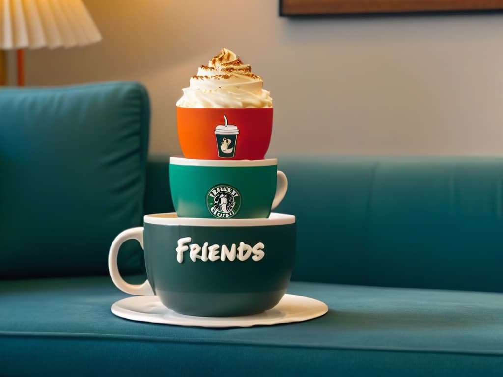  A minimalist image of a coffee cup surrounded by iconic elements from the TV show Friends, such as the Central Perk logo, a sofa, and the fountain from the opening credits. The color palette should be warm and inviting, with a focus on the coffee cup as the central element, exuding a sense of coziness and nostalgia for fans of the show. hyperrealistic, full body, detailed clothing, highly detailed, cinematic lighting, stunningly beautiful, intricate, sharp focus, f/1. 8, 85mm, (centered image composition), (professionally color graded), ((bright soft diffused light)), volumetric fog, trending on instagram, trending on tumblr, HDR 4K, 8K