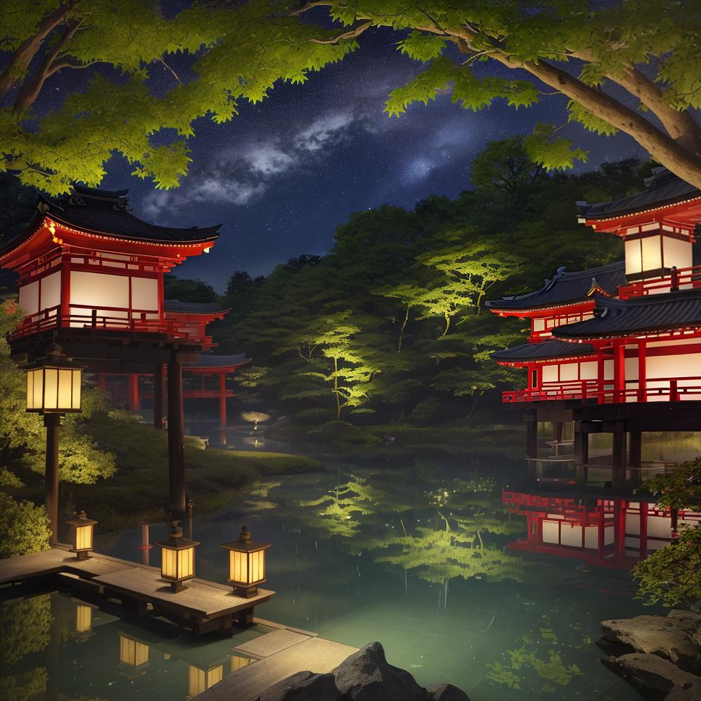  masterpiece, best quality,(fidelity: 1.4), best quality, masterpiece, ultra high resolution, 8k resolution, night view inspired by Japanese art, featuring a garden illuminated by paper lanterns and a wooden bridge spanning a tranquil lake with a small Zen temple by the lake. The water reflects the stars.