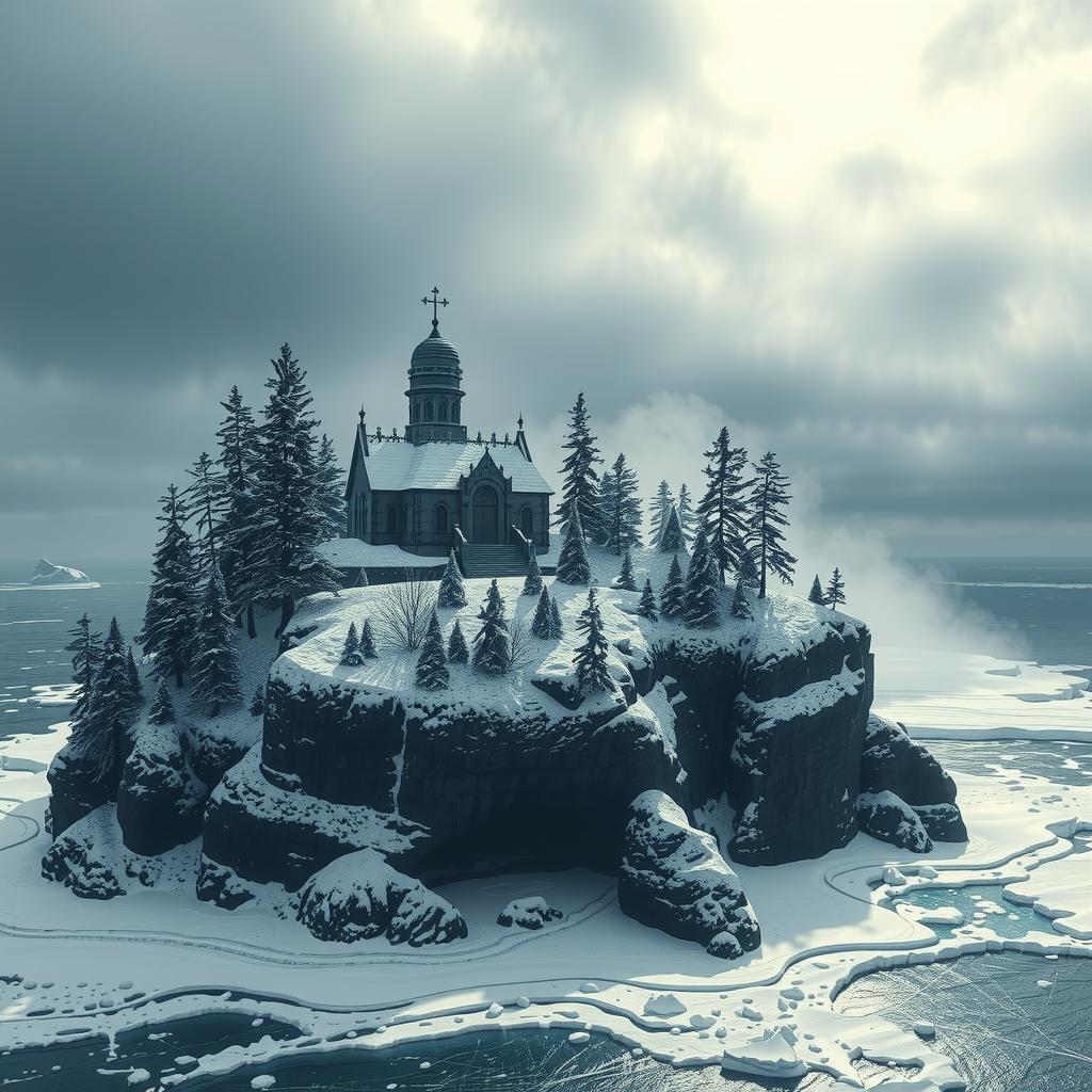  snowy arctic island covered in pine forests just above a stormy sea, the island looms 150 feet over the water in icy, treacherous cliffs, gothic mausoleum stands on the northern end of the island, haunting, 1990s ravenloft art ar 16:9 hyperrealistic, full body, detailed clothing, highly detailed, cinematic lighting, stunningly beautiful, intricate, sharp focus, f/1. 8, 85mm, (centered image composition), (professionally color graded), ((bright soft diffused light)), volumetric fog, trending on instagram, trending on tumblr, HDR 4K, 8K