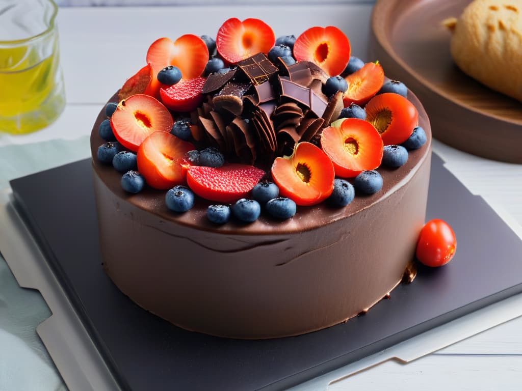  A closeup, ultradetailed image of a decadent chocolate cake topped with a symmetrical arrangement of vibrant red goji berries, each berry glistening with moisture and looking plump and inviting. The cake is set on a sleek, matte black plate, with soft natural light gently illuminating the scene, casting subtle shadows that add depth and dimension to the overall composition. The contrast between the rich, dark chocolate and the bright, fresh goji berries creates a visually striking and appetizing image that perfectly captures the essence of using goji berries in baking to enhance both flavor and nutrition. hyperrealistic, full body, detailed clothing, highly detailed, cinematic lighting, stunningly beautiful, intricate, sharp focus, f/1. 8, 85mm, (centered image composition), (professionally color graded), ((bright soft diffused light)), volumetric fog, trending on instagram, trending on tumblr, HDR 4K, 8K