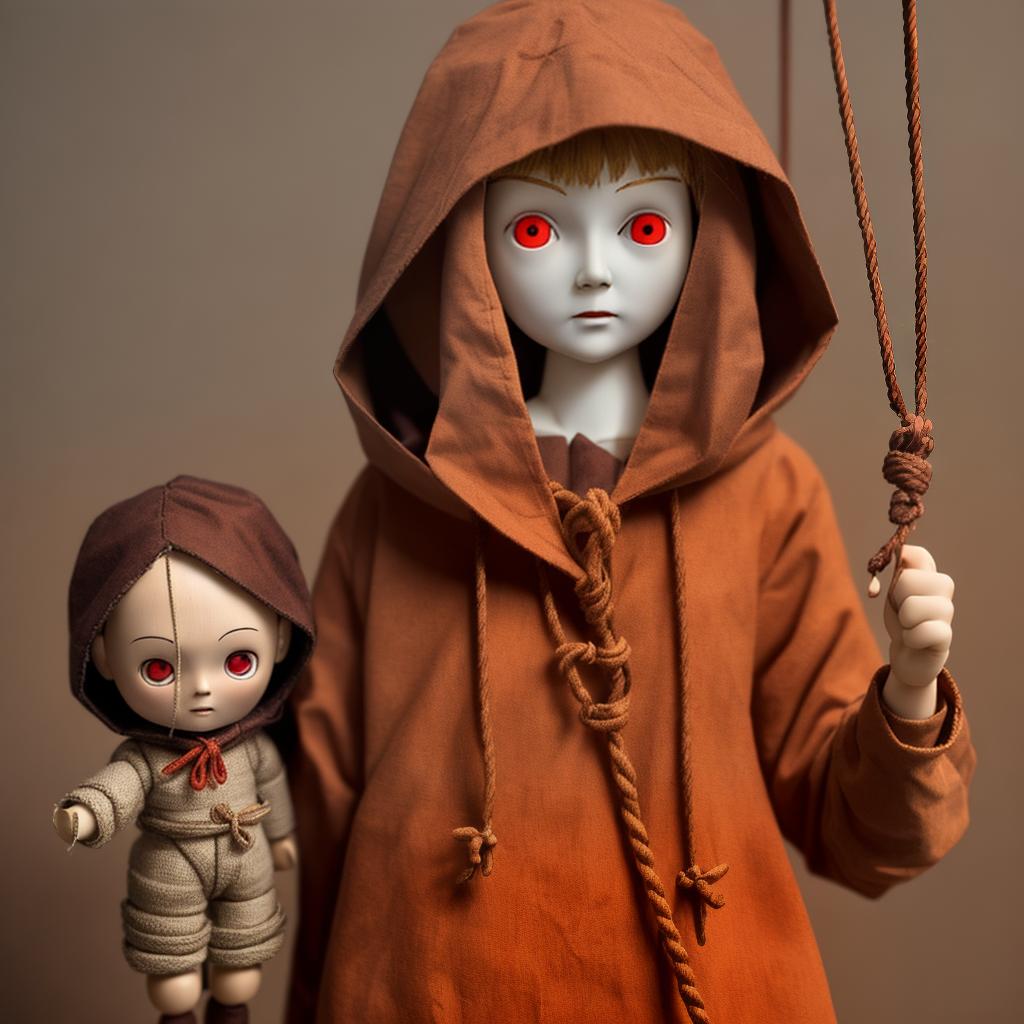  wooden doll, with rope , red eyes, wear brown hodie