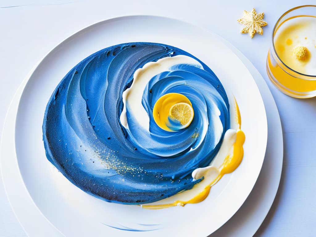  A stunning minimalist image of a deconstructed "Starry Night" by Vincent van Gogh transformed into a visually striking dessert. The dessert showcases swirling blue and yellow hues reminiscent of the iconic painting, presented on a sleek white plate with delicate edible gold flakes scattered around. The focus is on the intricate details of the dessert, capturing the essence of the artwork in a modern and elegant culinary interpretation. hyperrealistic, full body, detailed clothing, highly detailed, cinematic lighting, stunningly beautiful, intricate, sharp focus, f/1. 8, 85mm, (centered image composition), (professionally color graded), ((bright soft diffused light)), volumetric fog, trending on instagram, trending on tumblr, HDR 4K, 8K