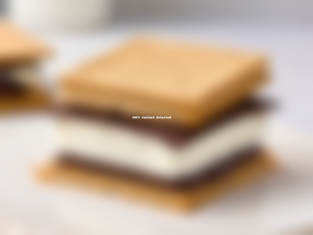  A closeup, ultradetailed image of a perfectly toasted marshmallow being gently squished between two graham crackers, with melted chocolate oozing out from the center. The marshmallow is golden brown, with crispy edges, and the chocolate is rich and gooey, creating a mouthwatering visual of a delicious homemade s'more. The background is a soft focus, emphasizing the main elements in sharp, detailed clarity. hyperrealistic, full body, detailed clothing, highly detailed, cinematic lighting, stunningly beautiful, intricate, sharp focus, f/1. 8, 85mm, (centered image composition), (professionally color graded), ((bright soft diffused light)), volumetric fog, trending on instagram, trending on tumblr, HDR 4K, 8K