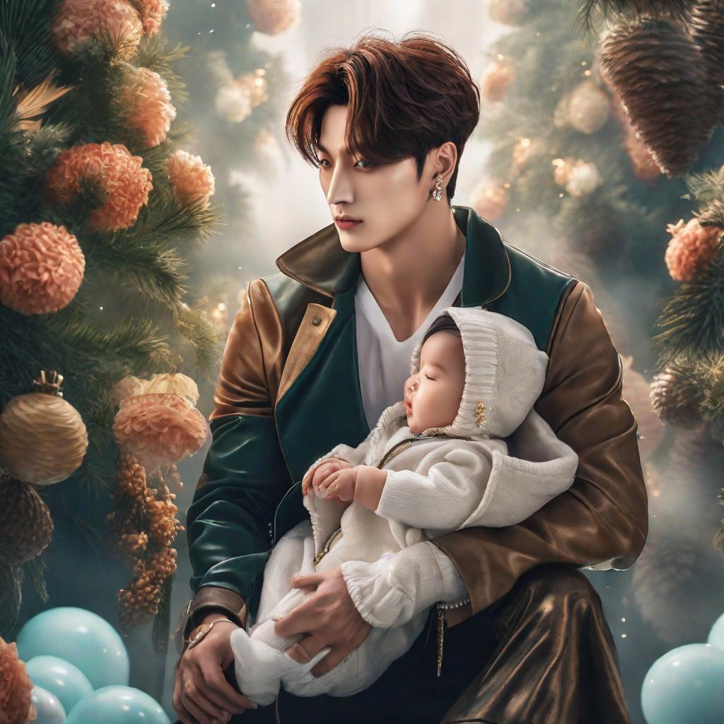  Jungkook con un bebe hyperrealistic, full body, detailed clothing, highly detailed, cinematic lighting, stunningly beautiful, intricate, sharp focus, f/1. 8, 85mm, (centered image composition), (professionally color graded), ((bright soft diffused light)), volumetric fog, trending on instagram, trending on tumblr, HDR 4K, 8K