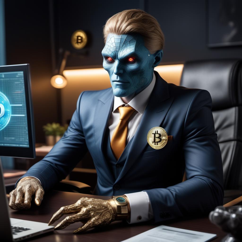  A wealthy and kind mutant with a human-like appearance is seated at a desk in a luxurious office in the style of cryptocurrency, and is trading cryptocurrency for 5 meters.
