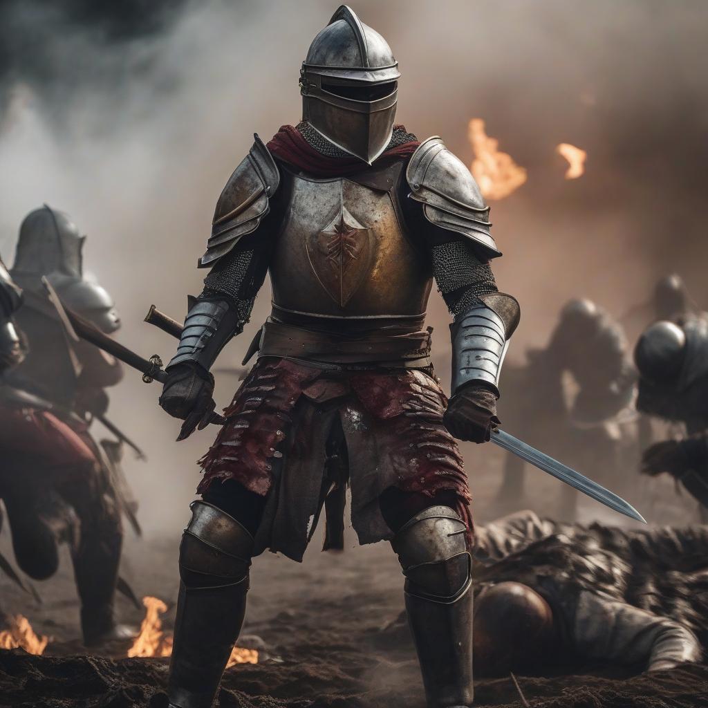  A knight in bloodied armor and wounds, in a helmet, sits in the middle of a big battle. hyperrealistic, full body, detailed clothing, highly detailed, cinematic lighting, stunningly beautiful, intricate, sharp focus, f/1. 8, 85mm, (centered image composition), (professionally color graded), ((bright soft diffused light)), volumetric fog, trending on instagram, trending on tumblr, HDR 4K, 8K