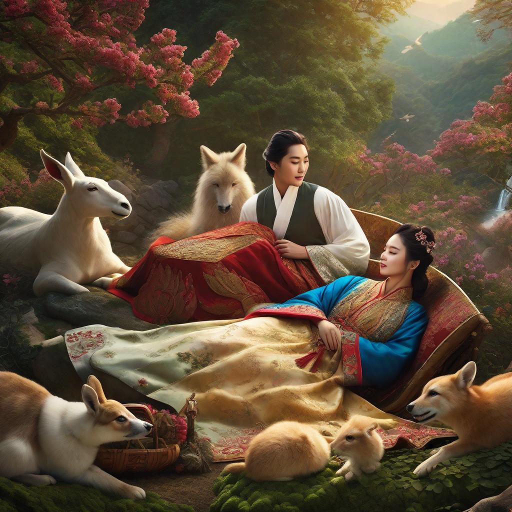  "An image of a with Korean features peacefully sleeping in their vint dreamland, surrounded by friendly and new mystical friends that they've met during their joyful adventures in this limitless imaginative universe."((masterpiece)), best quality, very detailed, high resolution, sharp, sharp image, extremely detailed, 4k, 8k, fairytale hyperrealistic, full body, detailed clothing, highly detailed, cinematic lighting, stunningly beautiful, intricate, sharp focus, f/1. 8, 85mm, (centered image composition), (professionally color graded), ((bright soft diffused light)), volumetric fog, trending on instagram, trending on tumblr, HDR 4K, 8K