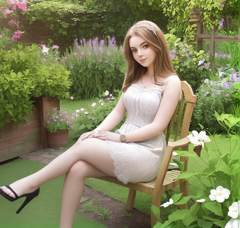  Beautiful girl sits in the big garden