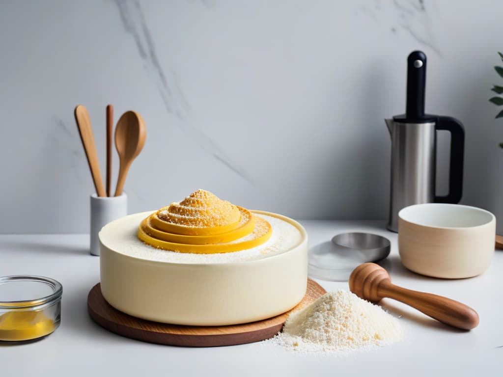  An ultradetailed image of a pristine white kitchen countertop with an assortment of minimalist vegan baking tools neatly arranged: a sleek wooden rolling pin, a stack of pastelcolored mixing bowls, a set of stainless steel measuring spoons, a wire whisk, and a marble mortar and pestle. Sunlight streams in, casting soft shadows and highlighting the clean lines and simplicity of the tools, emphasizing the essence of minimalist vegan baking. hyperrealistic, full body, detailed clothing, highly detailed, cinematic lighting, stunningly beautiful, intricate, sharp focus, f/1. 8, 85mm, (centered image composition), (professionally color graded), ((bright soft diffused light)), volumetric fog, trending on instagram, trending on tumblr, HDR 4K, 8K