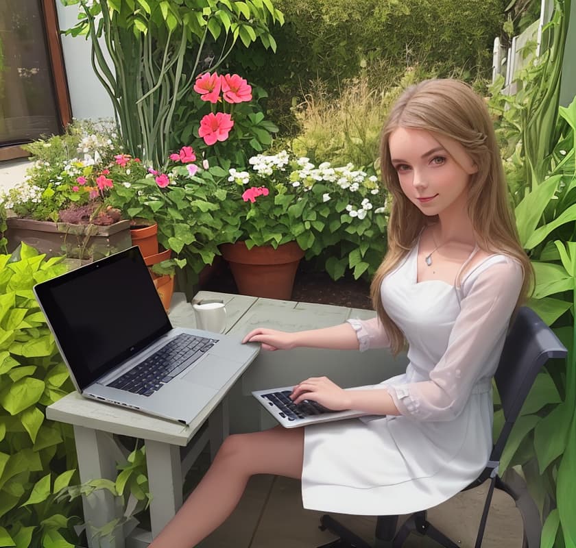  Beautiful girl sits working on the laptop in the garden