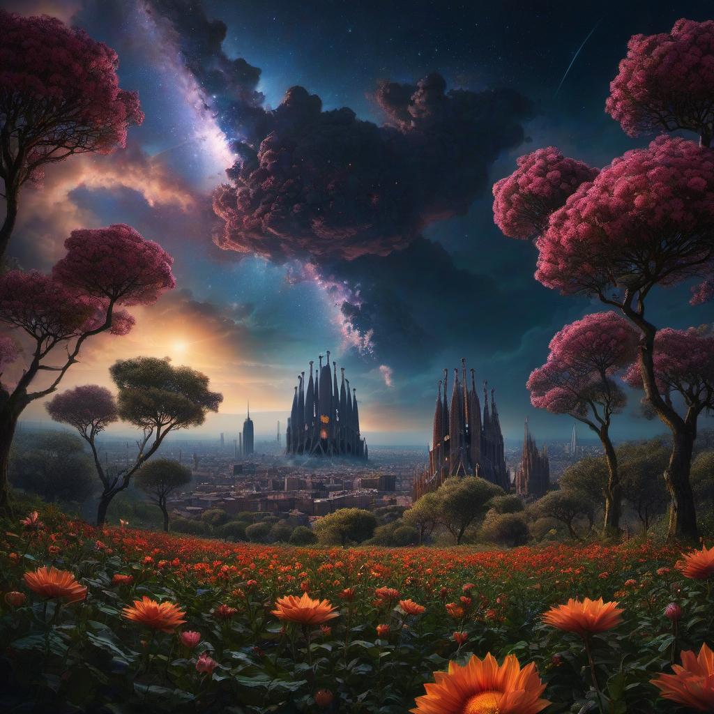  (stylized by Tomasz Alen Kopera:1.3) , dark art, dense flower field and Perseid meteor in background, landscape of a (Barcelona:1.2) , very Bizarre and 1600'S, Hurricane, Glitchcore, Amaro, layered textures, ornate, intricate artistic color, complimentary colors, very inspirational, atmosphere, fine artistic composition, sunny, theatrical hyperrealistic, full body, detailed clothing, highly detailed, cinematic lighting, stunningly beautiful, intricate, sharp focus, f/1. 8, 85mm, (centered image composition), (professionally color graded), ((bright soft diffused light)), volumetric fog, trending on instagram, trending on tumblr, HDR 4K, 8K