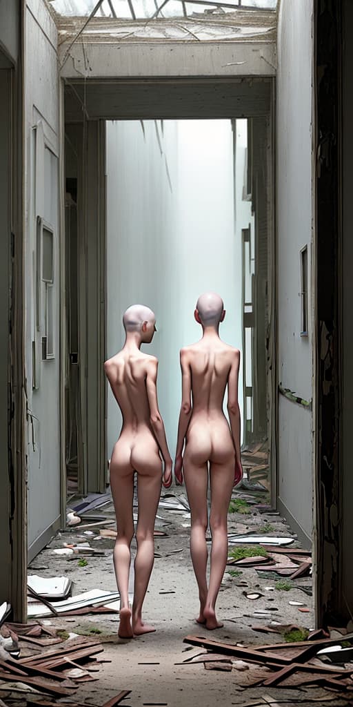  two-bald-girls, very thin, naked, with their backs, in an abandoned place