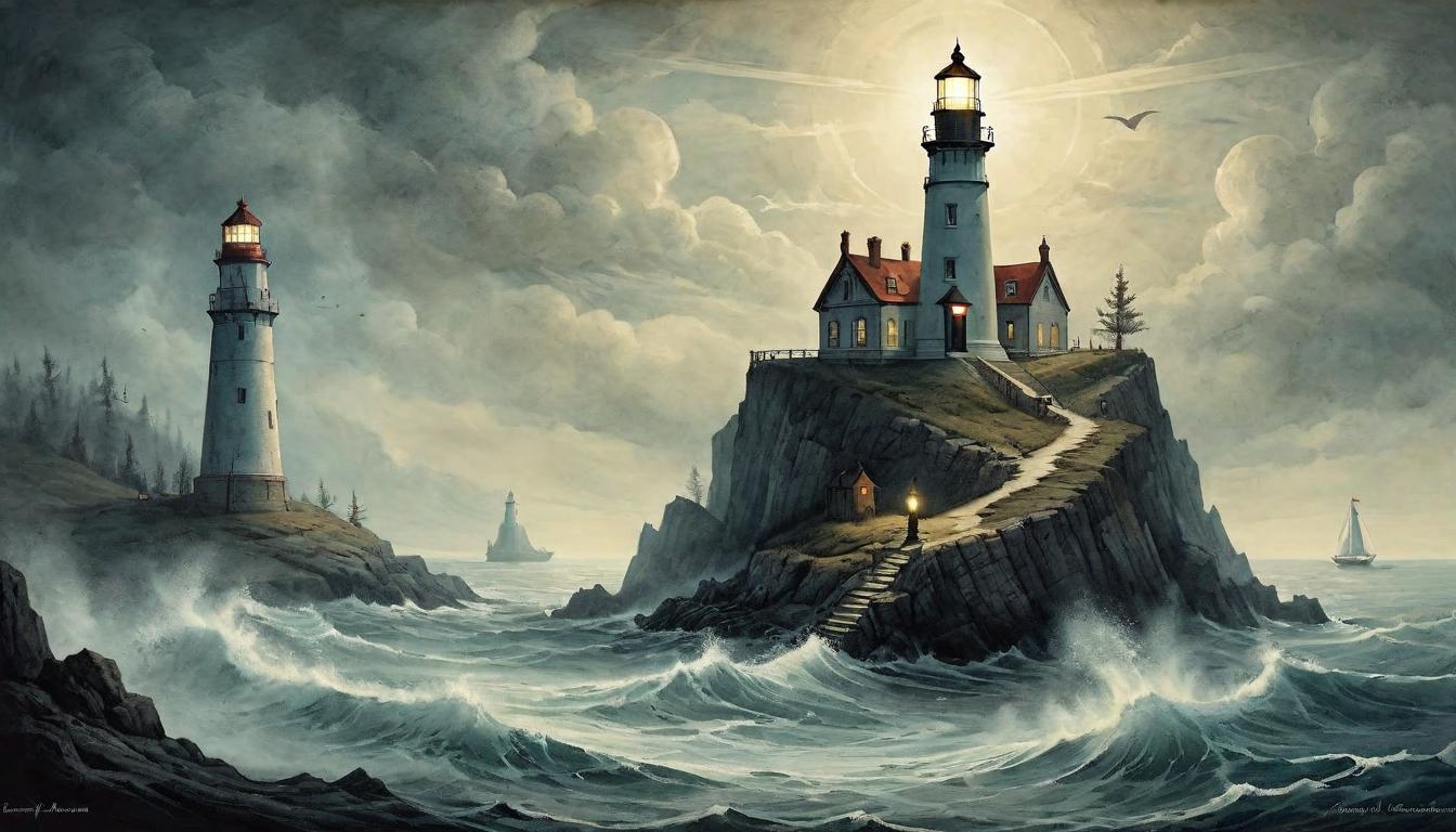  on parchment, surrealism+++, A lighthouse casting bright light amidst encroaching shadows, questioning whether one contributes to the light or casts more shadows, guiding beacon, encroaching darkness, steadfast resolve(mysterious, provocative, symbolic,muted color)+++