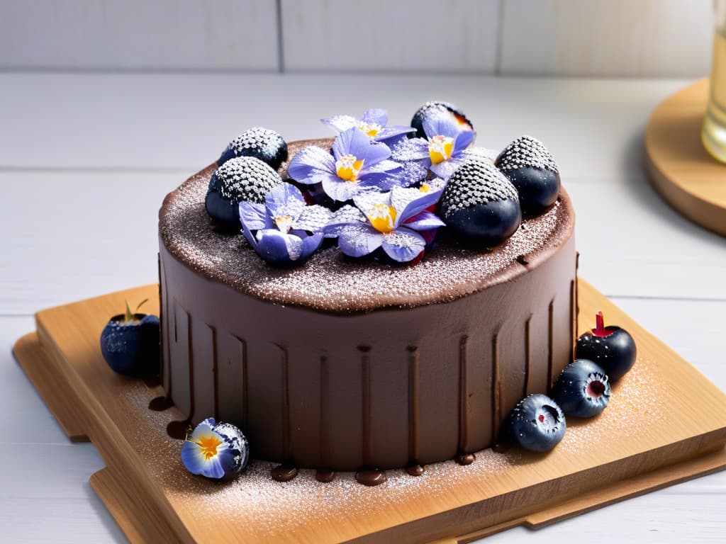  A closeup, ultradetailed image of a beautifully crafted vegan chocolate cake topped with fresh berries, edible flowers, and a light dusting of powdered sugar. The cake sits on a minimalist wooden platter against a soft, blurred background, highlighting the intricate details of the dessert and the natural, ecofriendly ingredients used in its creation. hyperrealistic, full body, detailed clothing, highly detailed, cinematic lighting, stunningly beautiful, intricate, sharp focus, f/1. 8, 85mm, (centered image composition), (professionally color graded), ((bright soft diffused light)), volumetric fog, trending on instagram, trending on tumblr, HDR 4K, 8K