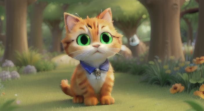  {Whiskers stepping into a large, lush garden filled with flowers and tall trees., Whiskers is a small, fluffy cat with bright, green eyes and soft, orange fur. He wears a little blue collar with a shiny silver tag. Whiskers is always curious and loves to explore.