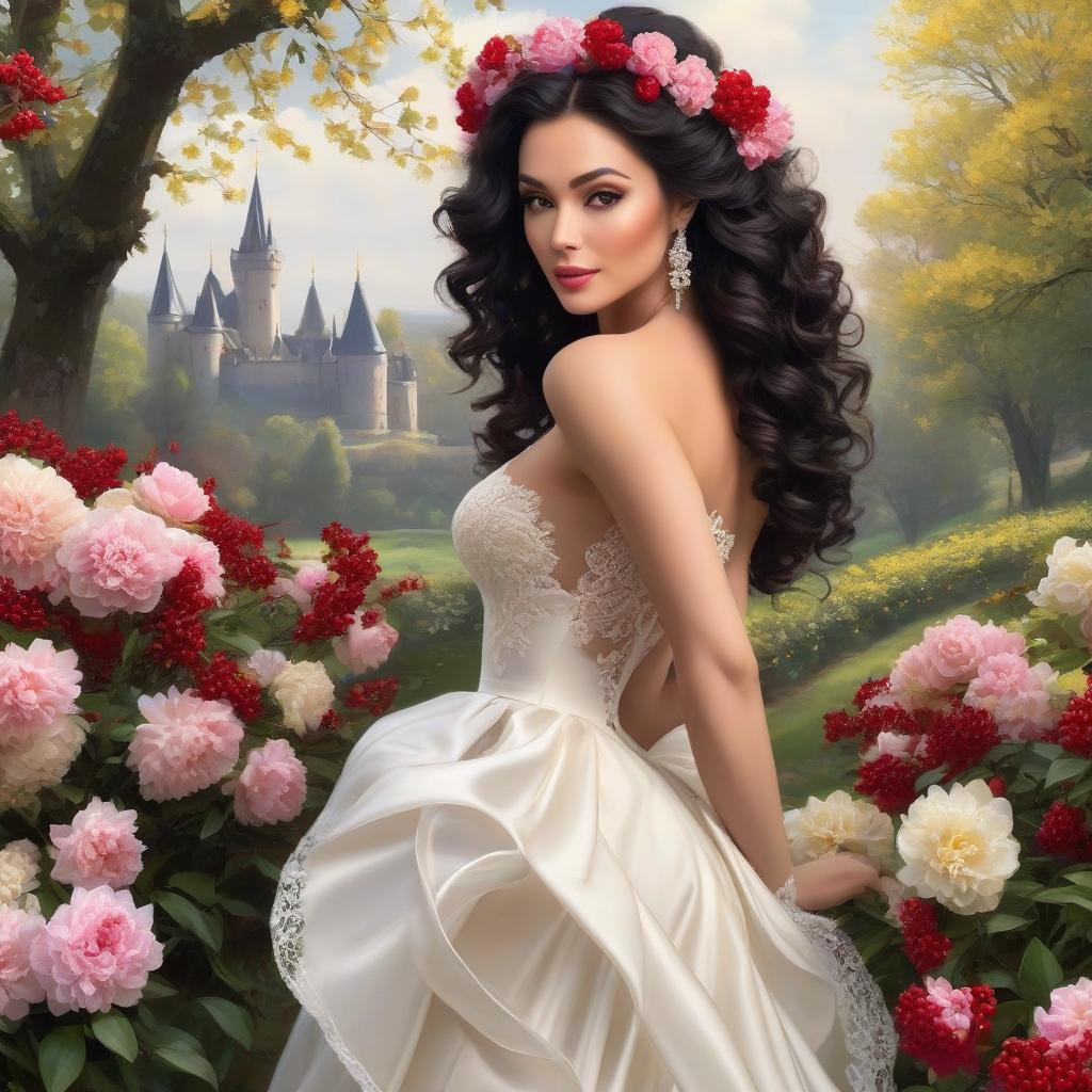  A masterpiece. Very beautiful girl with black curls gathered upwards. Beautiful hairstyle. White wedding fitted dress with lace. Elegance. Very beautiful dress. Brown eyes. Happy look. No pomp, just elegance. (Sparkling rim)): spring field, hyacinths, roses, rosehips, rose hips, peonies, cherry tree, yellow, red. Castle. Realism, rococo, surrealist abstraction. Alfonso Mucha, Honoré Fargonard. The Emerald Palace, the towers. Holobue sky. Golden spires, Gothic style. Fantasy, fairy tale. Poppy field in front of palace. Honoré Fargonard, Alfonso Mucha. Emerald stones, Green Alley. hyperrealistic, full body, detailed clothing, highly detailed, cinematic lighting, stunningly beautiful, intricate, sharp focus, f/1. 8, 85mm, (centered image composition), (professionally color graded), ((bright soft diffused light)), volumetric fog, trending on instagram, trending on tumblr, HDR 4K, 8K