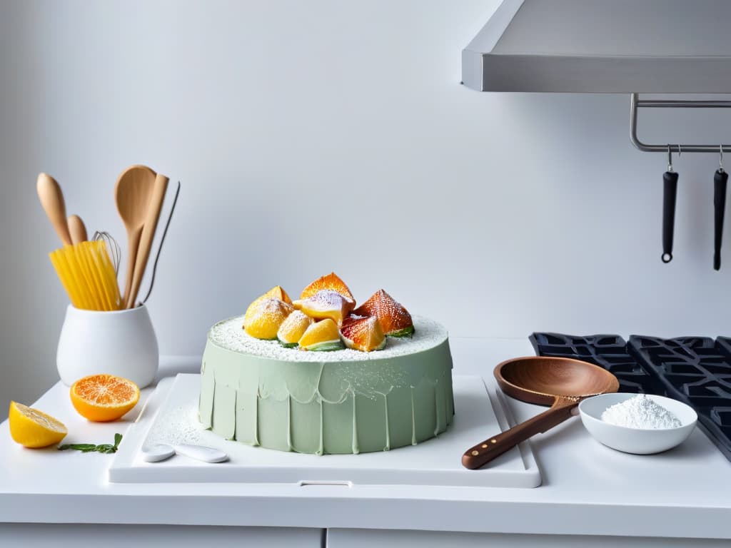  A highresolution, ultradetailed image of a pristine white marble countertop with an array of sleek, modern baking utensils neatly arranged. The utensils include a stainless steel whisk, a set of silicone spatulas in pastel colors, a stack of measuring cups, and a marble rolling pin. The soft, indirect natural light highlights the elegance and precision of the utensils, creating a visually appealing and aspirational image for the article on the influence of baking utensil brands on dessert outcomes. hyperrealistic, full body, detailed clothing, highly detailed, cinematic lighting, stunningly beautiful, intricate, sharp focus, f/1. 8, 85mm, (centered image composition), (professionally color graded), ((bright soft diffused light)), volumetric fog, trending on instagram, trending on tumblr, HDR 4K, 8K