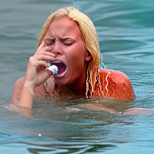  tanned blonde woman drowning and sinking in the water the water is up to her nose she's screaming and panic