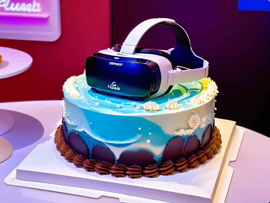  A closeup, ultradetailed, 8k image of a virtual reality headset superimposed with a holographic cake floating above it. The cake appears incredibly realistic, with intricate frosting details and vibrant colors, showcasing the seamless integration of augmented reality technology in the world of baking and pastry arts. hyperrealistic, full body, detailed clothing, highly detailed, cinematic lighting, stunningly beautiful, intricate, sharp focus, f/1. 8, 85mm, (centered image composition), (professionally color graded), ((bright soft diffused light)), volumetric fog, trending on instagram, trending on tumblr, HDR 4K, 8K