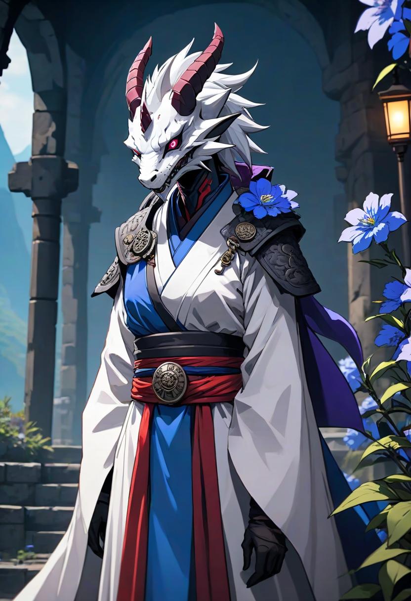  anime artwork Mountainous background, female white dragonborn, dragon head, white head with blue and purple flowers, wearing a monk robe aged black red paper, darkest dungeon style, lonely, full body, more realistic style, . anime style, key visual, vibrant, studio anime, highly detailed hyperrealistic, full body, detailed clothing, highly detailed, cinematic lighting, stunningly beautiful, intricate, sharp focus, f/1. 8, 85mm, (centered image composition), (professionally color graded), ((bright soft diffused light)), volumetric fog, trending on instagram, trending on tumblr, HDR 4K, 8K