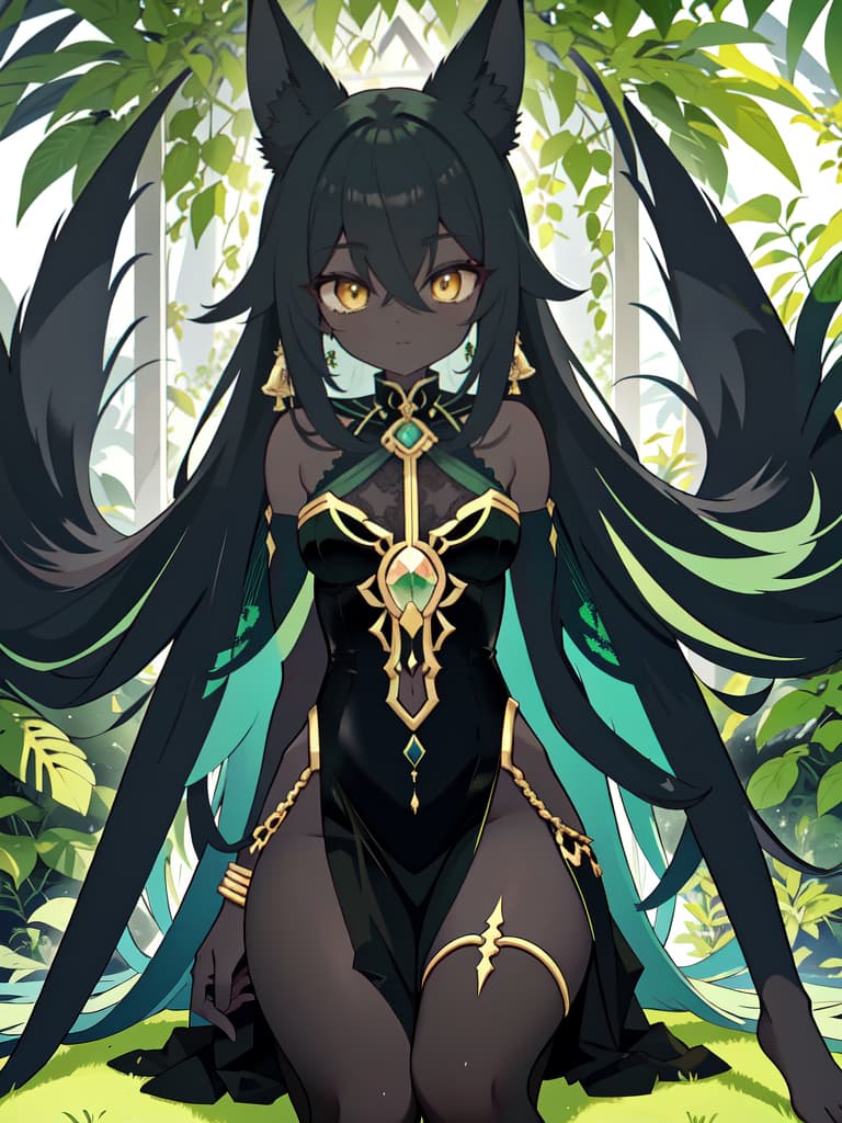  Black Anubis on a green hair character, sitting, masterpiece, best quality,8k,ultra detailed,high resolution,an extremely delicate and beautiful,hyper detail