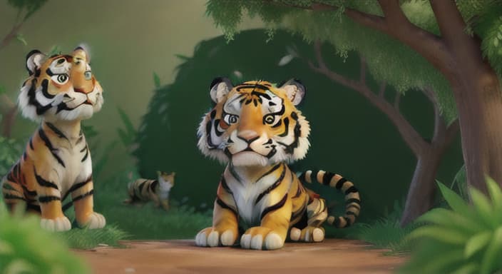  {The tiger peeking out from behind a bush, watching a group of animals having fun., His ears are perked up, showing his interest in joining the fun.