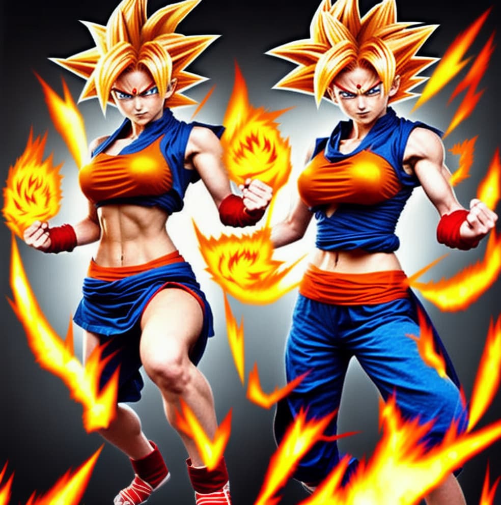  Female super sayan, red goku kostüm. Cute body. Sayan hair, fire eyes, fire hands, high resolution