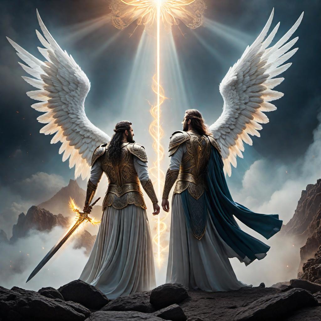  A dramatic and intense image depicting spiritual warfare. The scene includes angels battling dark forces in a mystical and heavenly setting. The angels are glowing with divine light, wielding swords and shields, while the dark forces are shrouded in shadows with menacing expressions. The background is a blend of celestial colors and swirling energy, emphasizing the epic clash between good and evil in the spiritual realm. hyperrealistic, full body, detailed clothing, highly detailed, cinematic lighting, stunningly beautiful, intricate, sharp focus, f/1. 8, 85mm, (centered image composition), (professionally color graded), ((bright soft diffused light)), volumetric fog, trending on instagram, trending on tumblr, HDR 4K, 8K